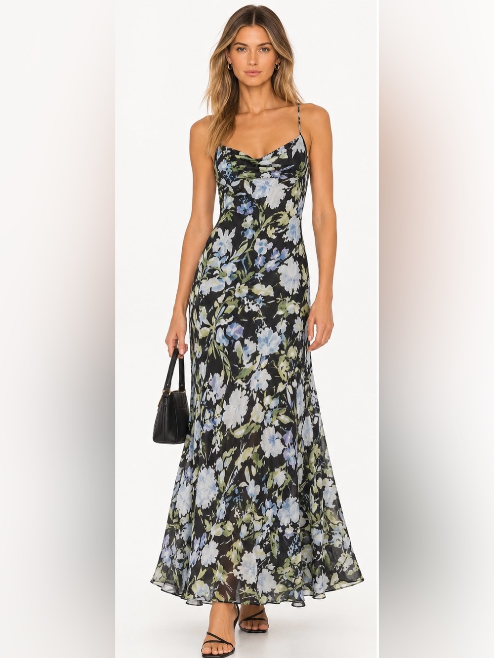 Abercrombie & Fitch Black Floral Slip Maxi Dress Size Large L Cowl Neck